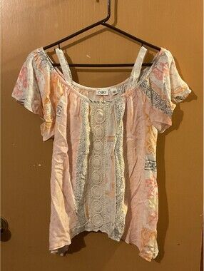 Youth Large Cato Boho Lace Pink Orange Pastel Patchwork Top Excellent